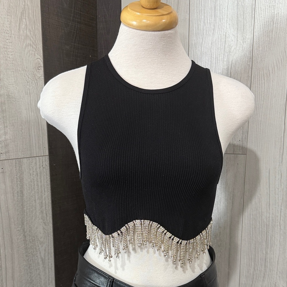 Black Sleeveless Top with Fringe Detail